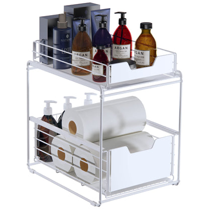 Pull Out Under Sink Cabinets Organizer 2 Tire Sliding Countertop Organizer Under Sink Storage Drawer Shelf for Kitchen (White)