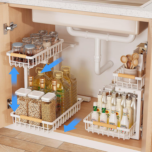 Under Sink Storage Organizer 2 Pack 2 Tier Slide Out Metal Sink Storage Shelves White